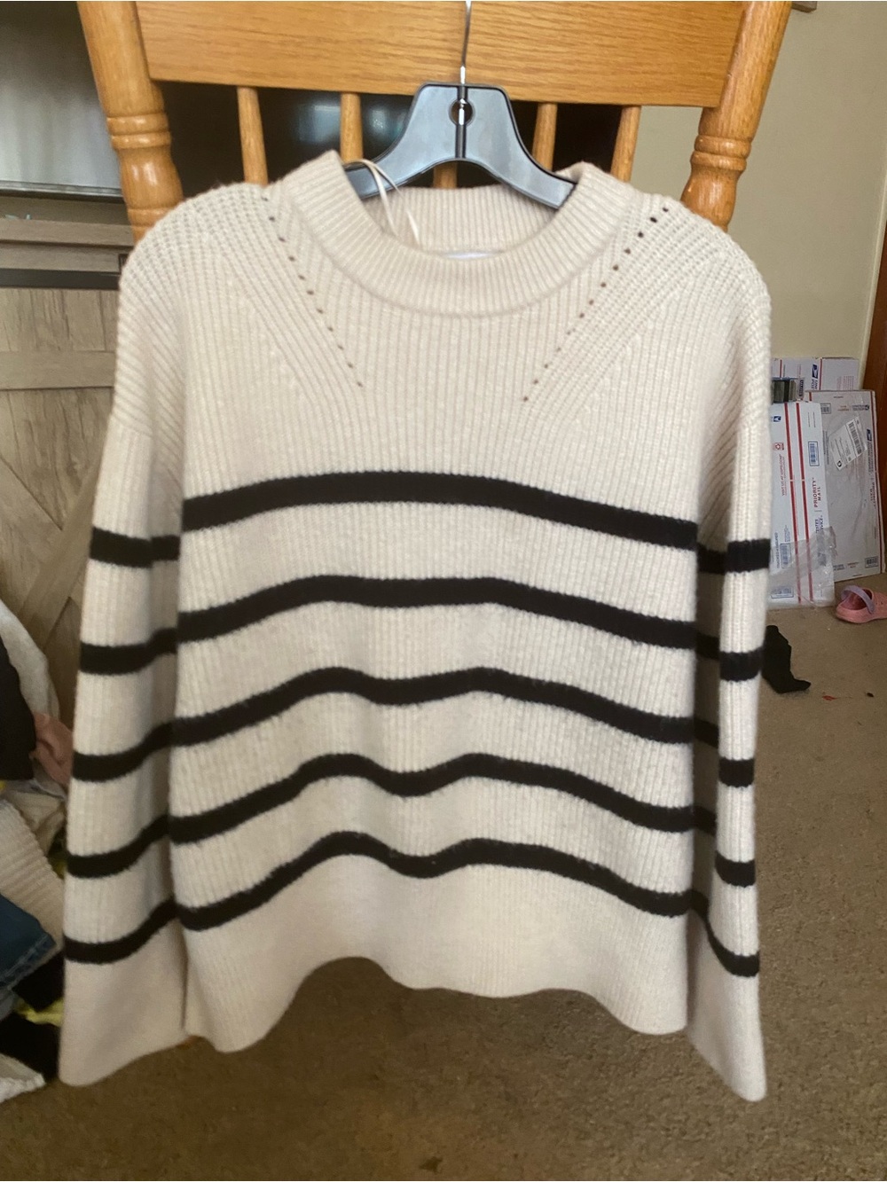 Zara Striped Ribbed Knit Chevron Pointelle Sweater Cream Black M